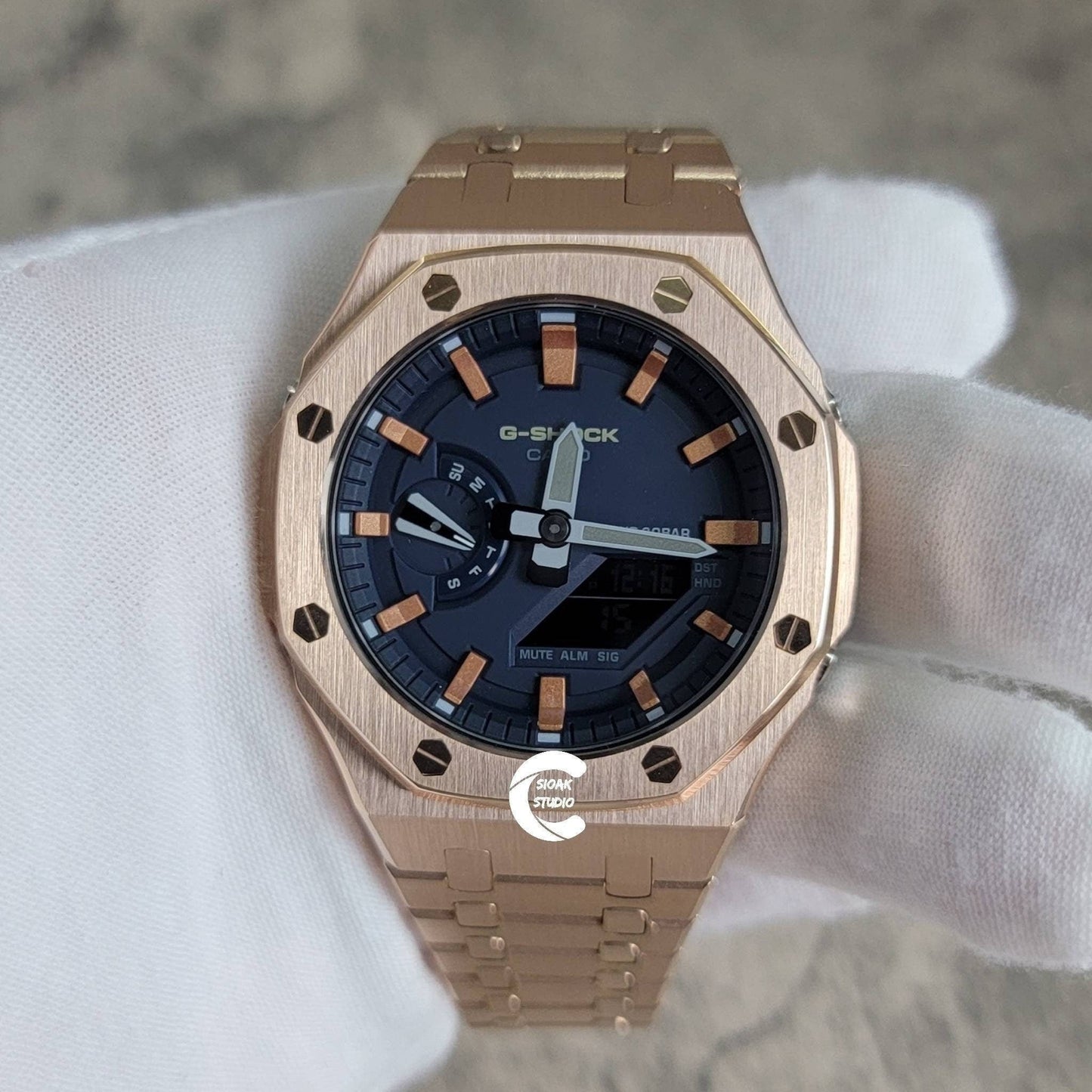 Casioak Mod Watch Rose Gold Case Metal Strap Blue Rose Gold Time Mark Blue Dial 44mm- Casioak Mod Casio G-Shock Royal Oak Custom Mens Luxury Watches Ga2100