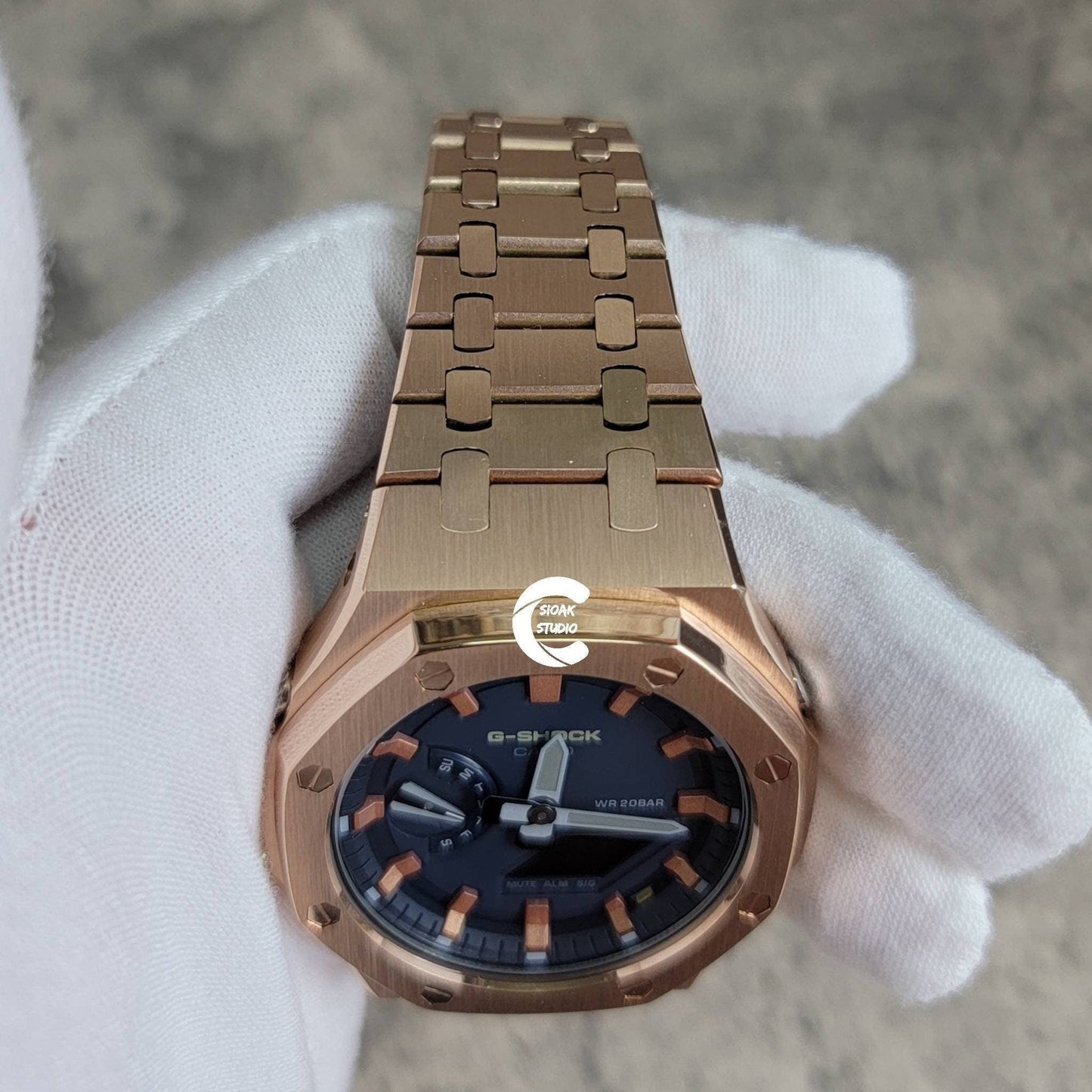 Casioak Mod Watch Rose Gold Case Metal Strap Blue Rose Gold Time Mark Blue Dial 44mm- Casioak Mod Casio G-Shock Royal Oak Custom Mens Luxury Watches Ga2100