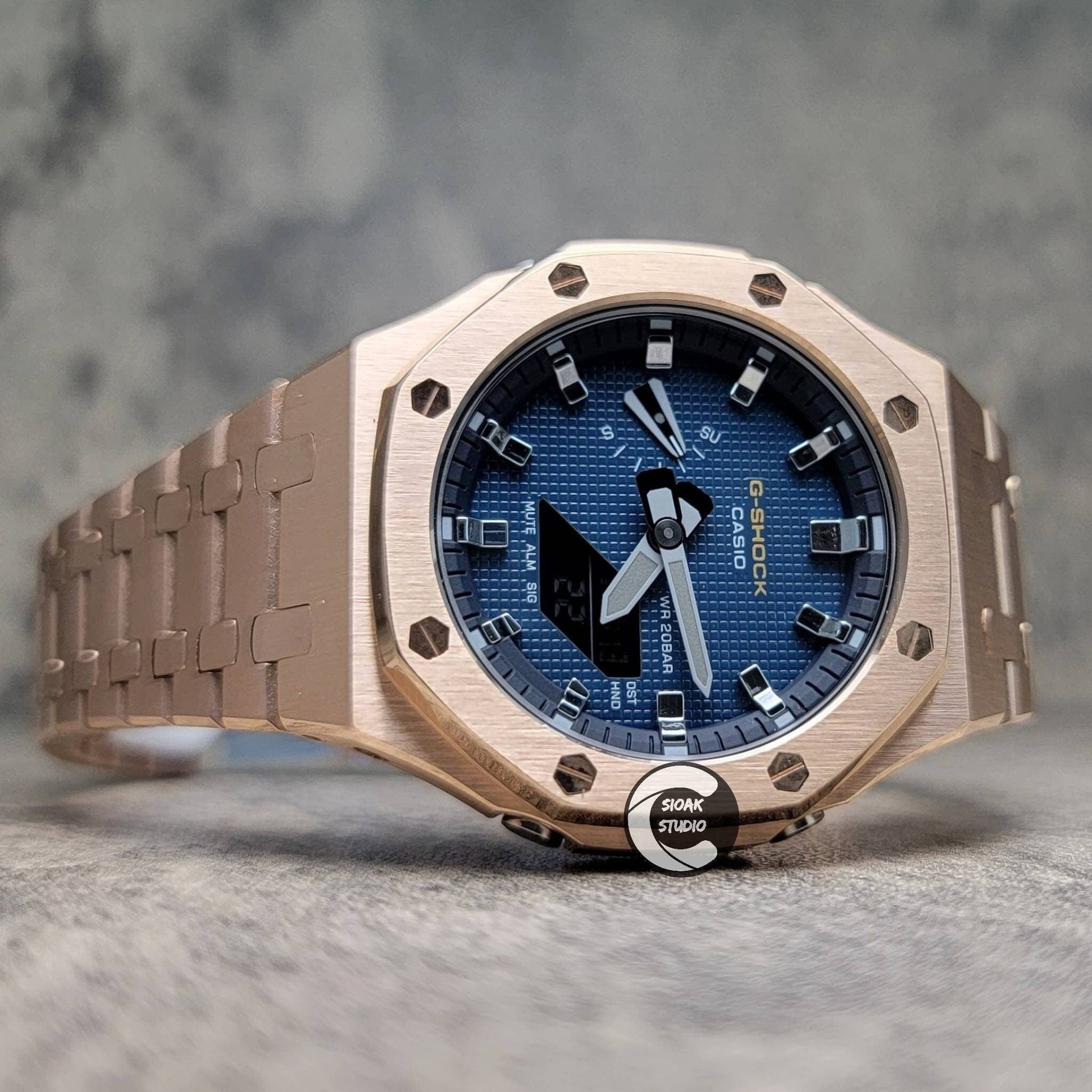 Casioak Mod Watch Rose Gold Case Metal Strap Blue Silver Time Mark Blue Dial 44mm- Casioak Mod Casio G-Shock Royal Oak Custom Mens Luxury Watches Ga2100