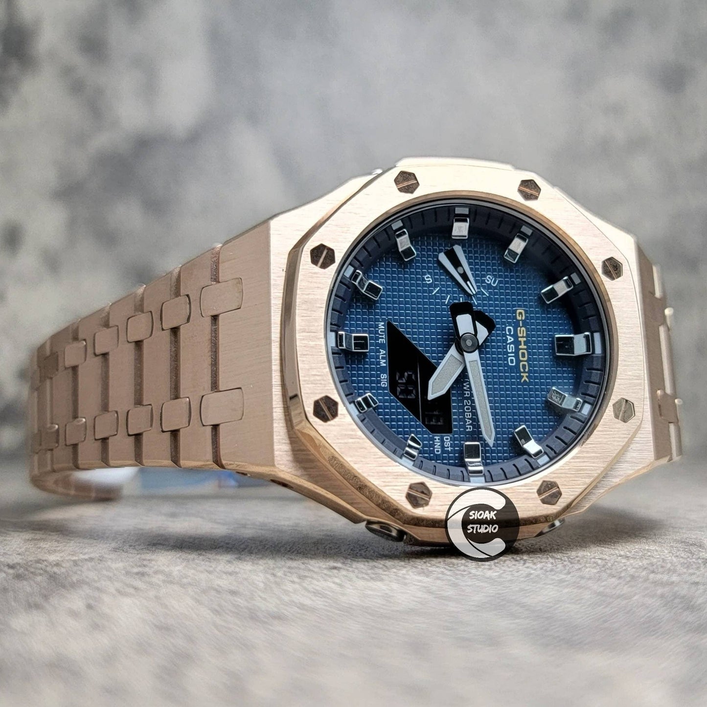 Casioak Mod Watch Rose Gold Case Metal Strap Blue Silver Time Mark Blue Dial 44mm- Casioak Mod Casio G-Shock Royal Oak Custom Mens Luxury Watches Ga2100