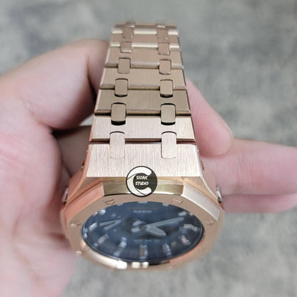 Casioak Mod Watch Rose Gold Case Metal Strap Blue Silver Time Mark Blue Dial 44mm- Casioak Mod Casio G-Shock Royal Oak Custom Mens Luxury Watches Ga2100