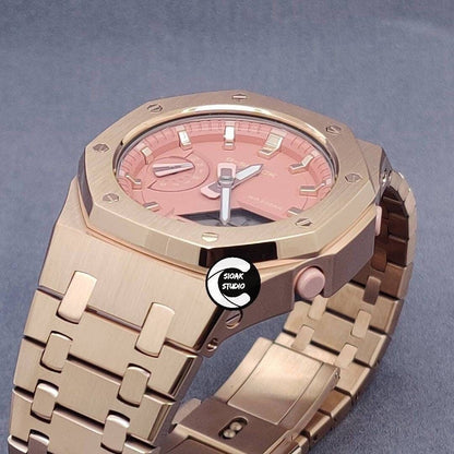 Casioak Mod Watch Rose Gold Case Metal Strap Pink Time Mark Pink Dial 42mm- Casioak Mod Casio G-Shock Royal Oak Custom Mens Luxury Watches Ga2100