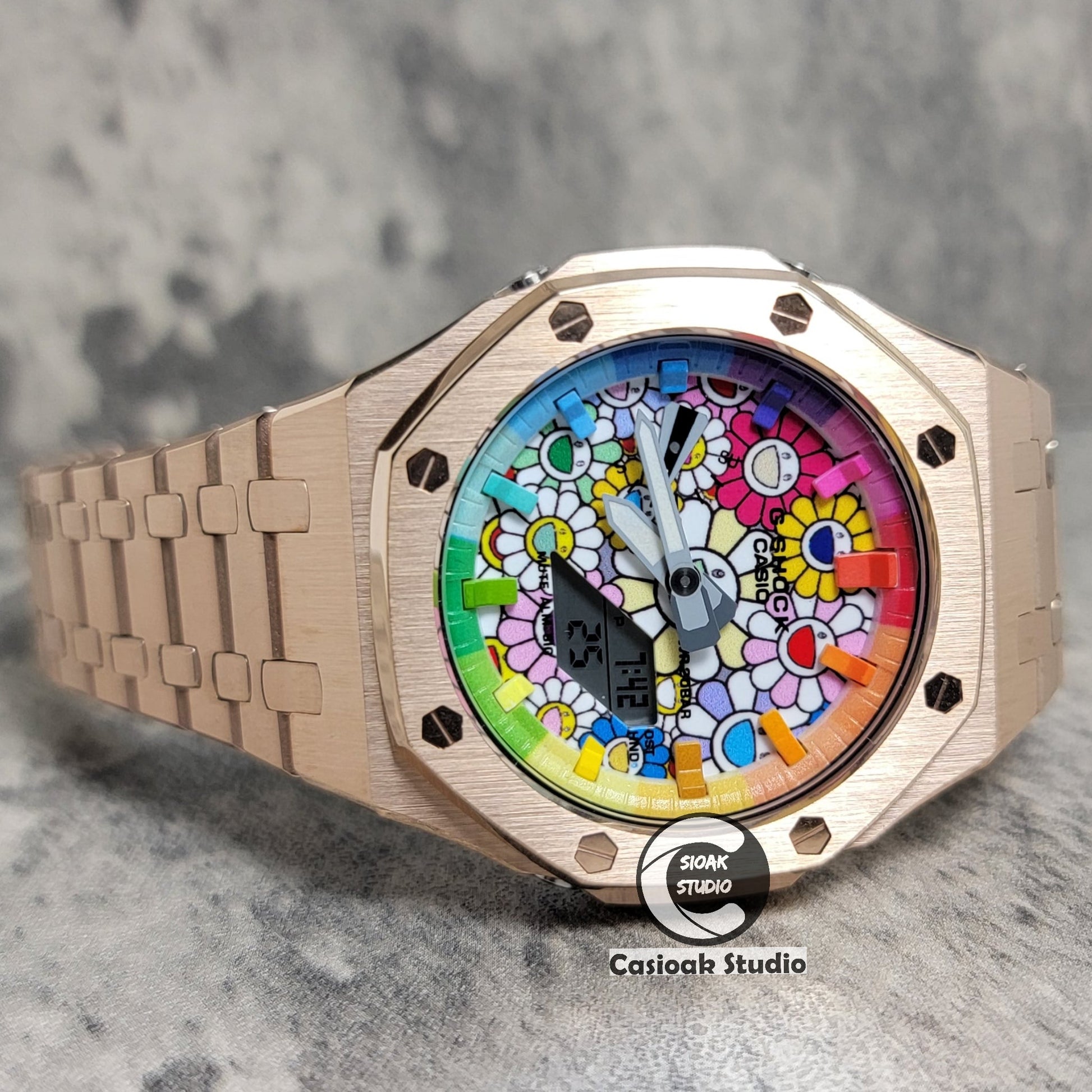 Casioak Mod Watch Rose Gold Case Metal Strap Rainbow Time Mark Takashi Murakami Dial 44mm- Casioak Mod Casio G-Shock Royal Oak Custom Mens Luxury Watches Ga2100