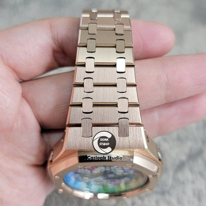 Casioak Mod Watch Rose Gold Case Metal Strap Rainbow Time Mark Takashi Murakami Dial 44mm- Casioak Mod Casio G-Shock Royal Oak Custom Mens Luxury Watches Ga2100