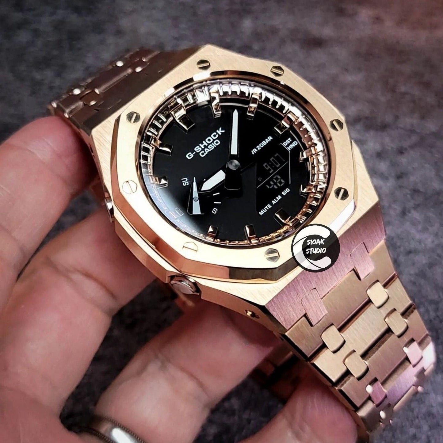 Casioak Mod Watch Rose Gold Case Metal Strap Rose Gold Time Mark Black Dial 44mm- Casioak Mod Casio G-Shock Royal Oak Custom Mens Luxury Watches Ga2100