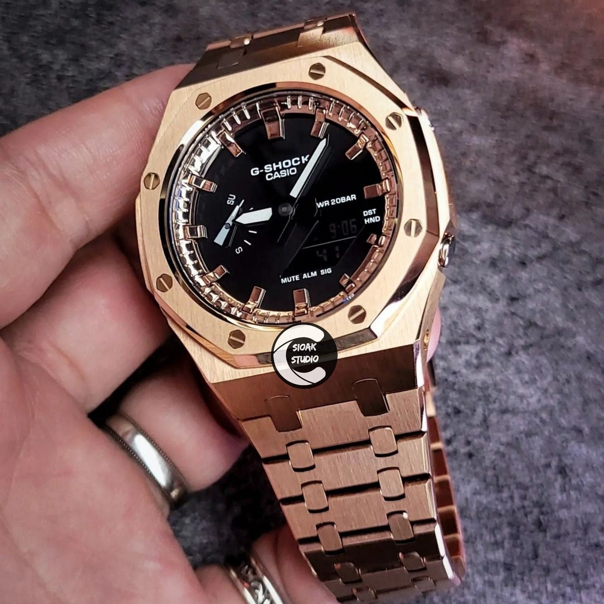 Casioak Mod Watch Rose Gold Case Metal Strap Rose Gold Time Mark Black Dial 44mm- Casioak Mod Casio G-Shock Royal Oak Custom Mens Luxury Watches Ga2100