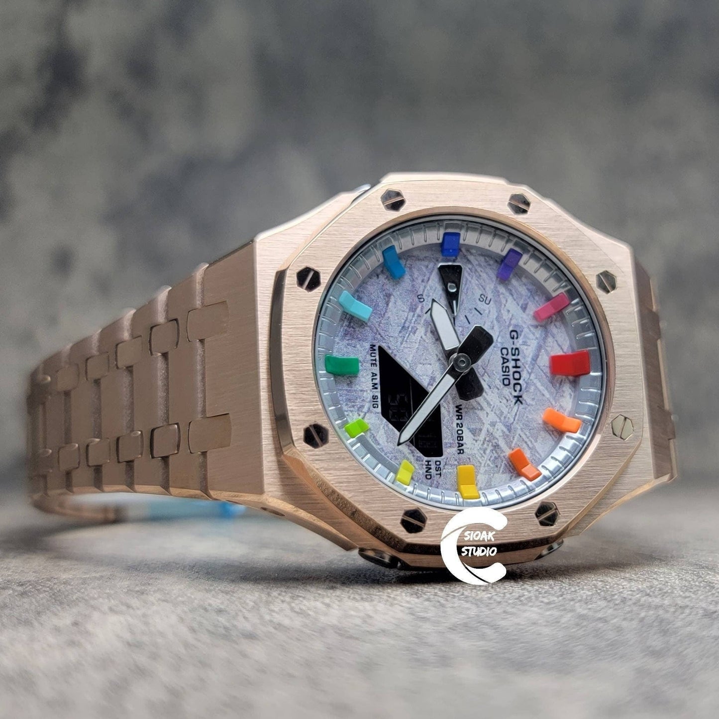 Casioak Mod Watch Rose Gold Case Metal Strap Silver Rainbow Time Mark Meteorite Dial 44mm- Casioak Mod Casio G-Shock Royal Oak Custom Mens Luxury Watches Ga2100