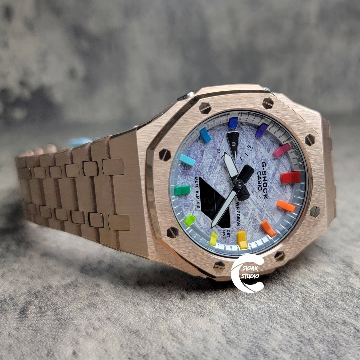 Casioak Mod Watch Rose Gold Case Metal Strap Silver Rainbow Time Mark Meteorite Dial 44mm- Casioak Mod Casio G-Shock Royal Oak Custom Mens Luxury Watches Ga2100