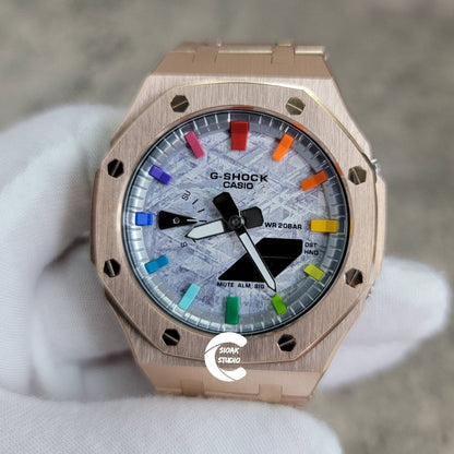 Casioak Mod Watch Rose Gold Case Metal Strap Silver Rainbow Time Mark Meteorite Dial 44mm- Casioak Mod Casio G-Shock Royal Oak Custom Mens Luxury Watches Ga2100