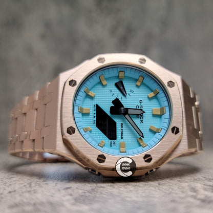 Casioak Mod Watch Rose Gold Case Metal Strap Tiff Gold Time Mark Tiff Blue Dial 44mm- Casioak Mod Casio G-Shock Royal Oak Custom Mens Luxury Watches Ga2100