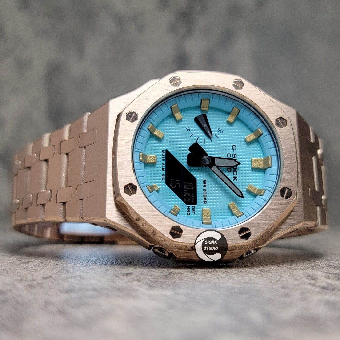 Casioak Mod Watch Rose Gold Case Metal Strap Tiff Gold Time Mark Tiff Blue Dial 44mm- Casioak Mod Casio G-Shock Royal Oak Custom Mens Luxury Watches Ga2100