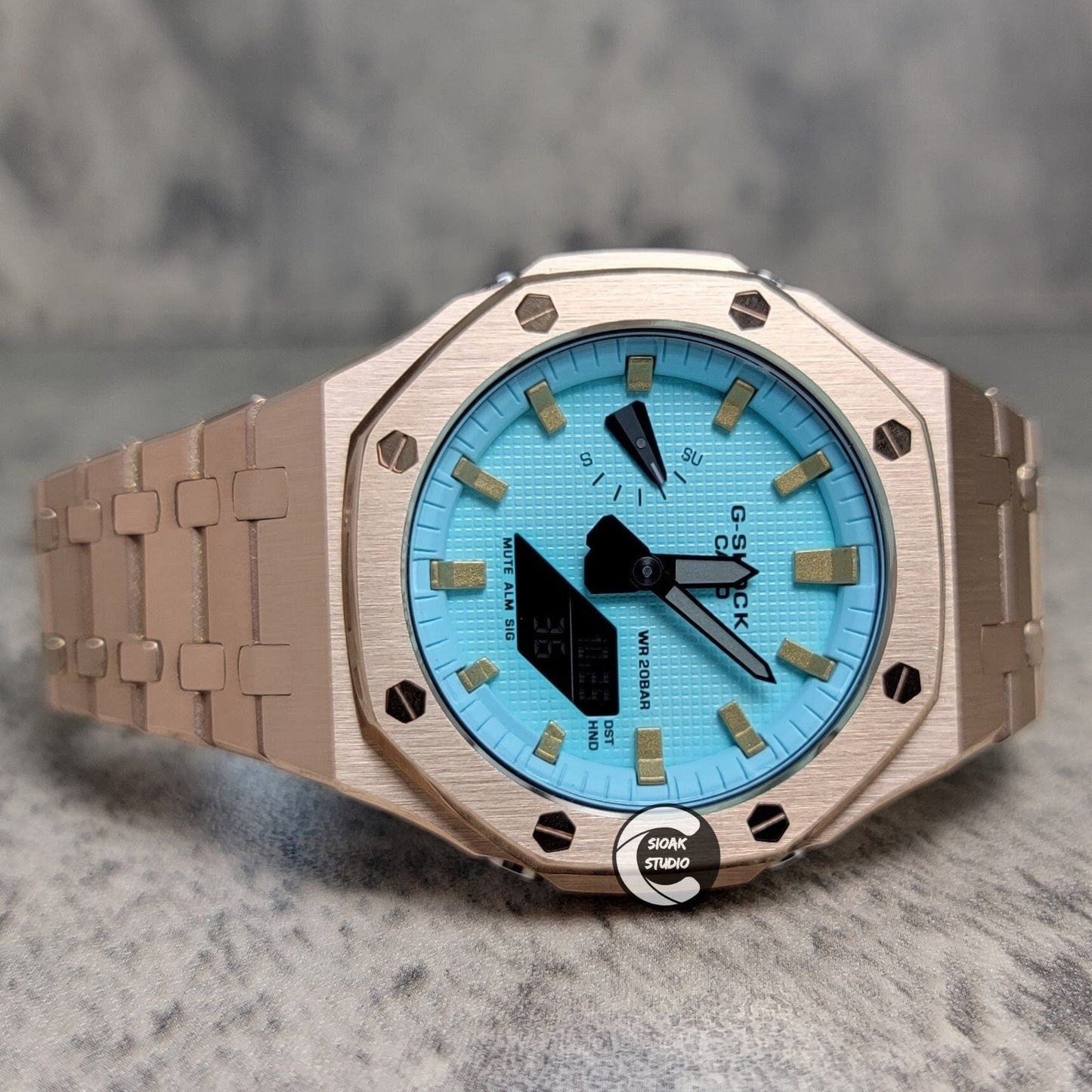 Casioak Mod Watch Rose Gold Case Metal Strap Tiff Gold Time Mark Tiff Blue Dial 44mm- Casioak Mod Casio G-Shock Royal Oak Custom Mens Luxury Watches Ga2100