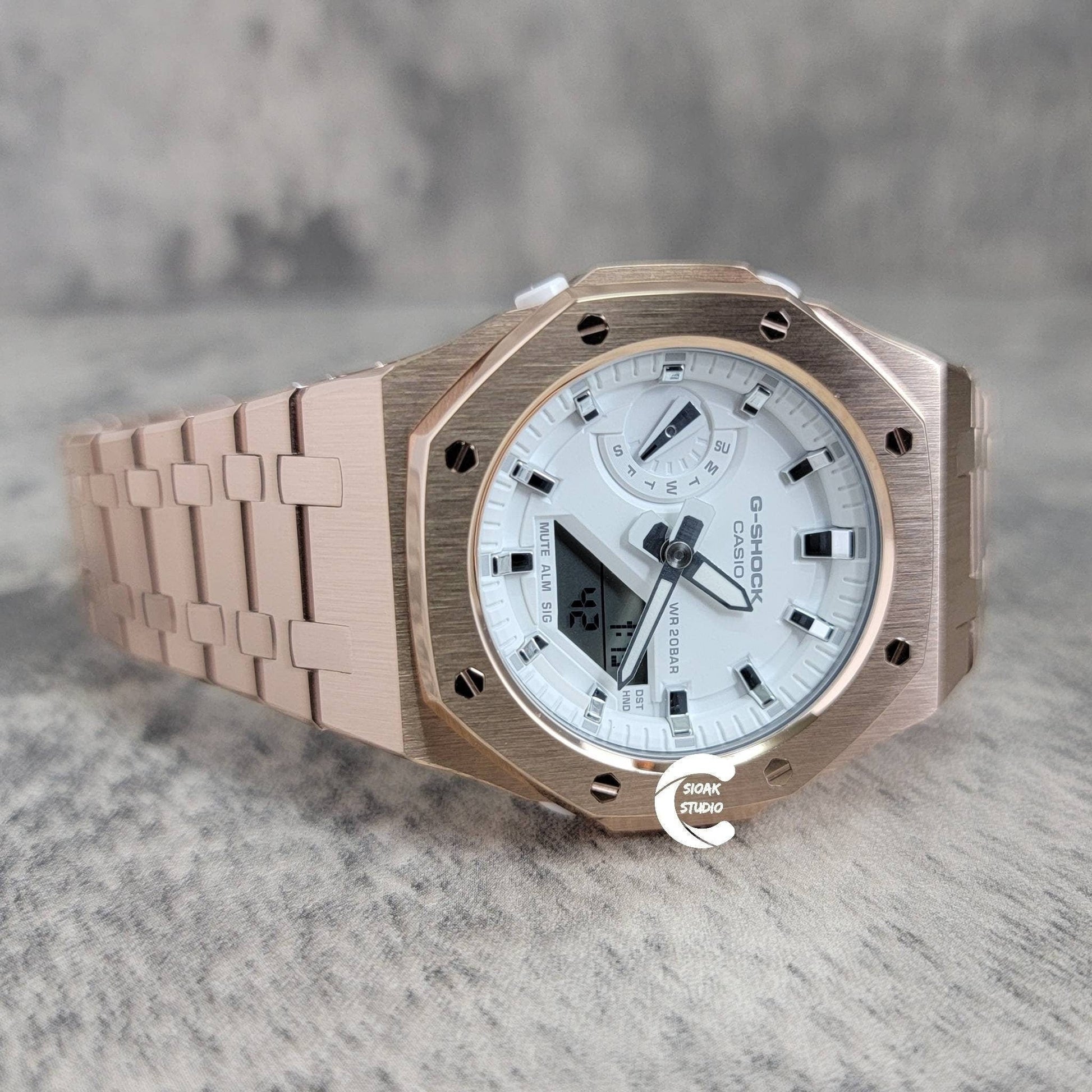 Casioak Mod Watch Rose Gold Case Metal Strap White Time Mark White Dial 42mm- Casioak Mod Casio G-Shock Royal Oak Custom Mens Luxury Watches Ga2100