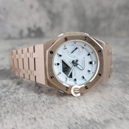 Casioak Mod Watch Rose Gold Case Metal Strap White Time Mark White Dial 42mm- Casioak Mod Casio G-Shock Royal Oak Custom Mens Luxury Watches Ga2100