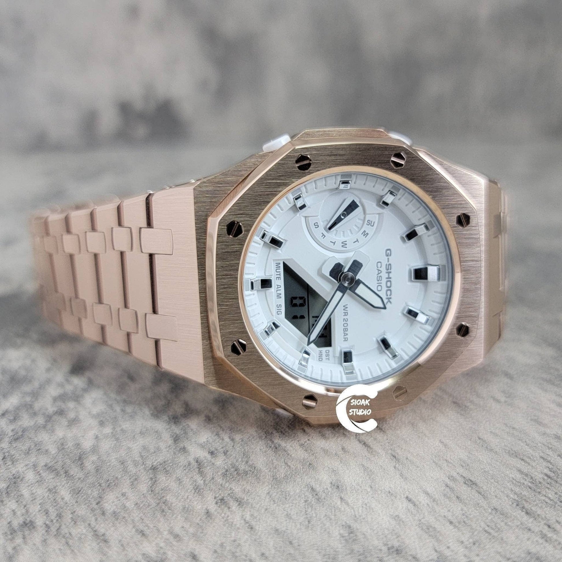 Casioak Mod Watch Rose Gold Case Metal Strap White Time Mark White Dial 42mm- Casioak Mod Casio G-Shock Royal Oak Custom Mens Luxury Watches Ga2100