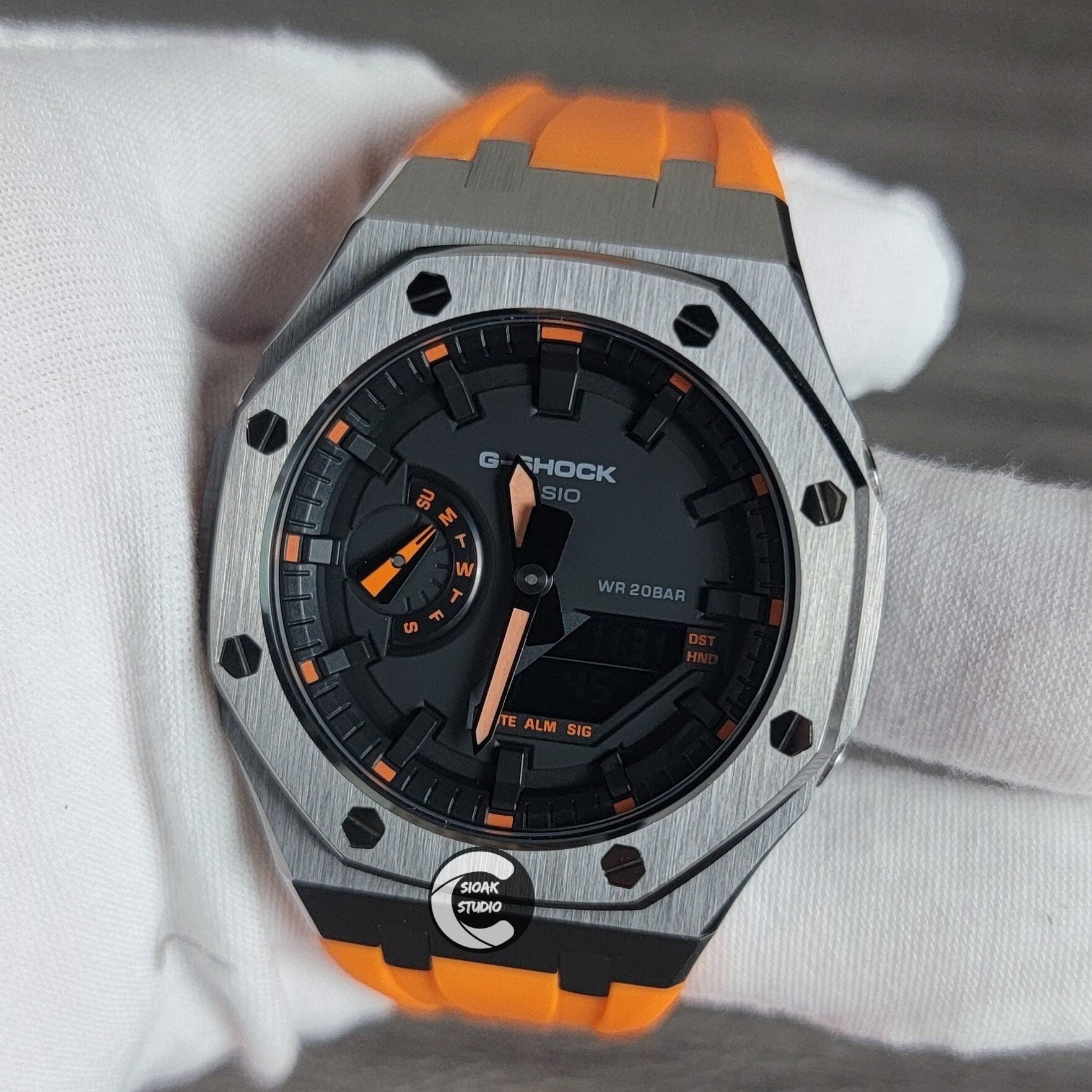 Casioak Mod Watch Rose Gold Case Orange Rubber Strap Black Time Mark Balck Dial 44mm Orange- Casioak Mod Casio G-Shock Royal Oak Custom Mens Luxury Watches Ga2100