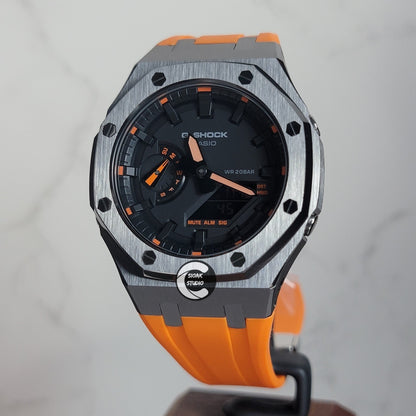 Casioak Mod Watch Rose Gold Case Orange Rubber Strap Black Time Mark Balck Dial 44mm Orange- Casioak Mod Casio G-Shock Royal Oak Custom Mens Luxury Watches Ga2100