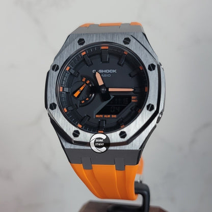 Casioak Mod Watch Rose Gold Case Orange Rubber Strap Black Time Mark Balck Dial 44mm Orange- Casioak Mod Casio G-Shock Royal Oak Custom Mens Luxury Watches Ga2100