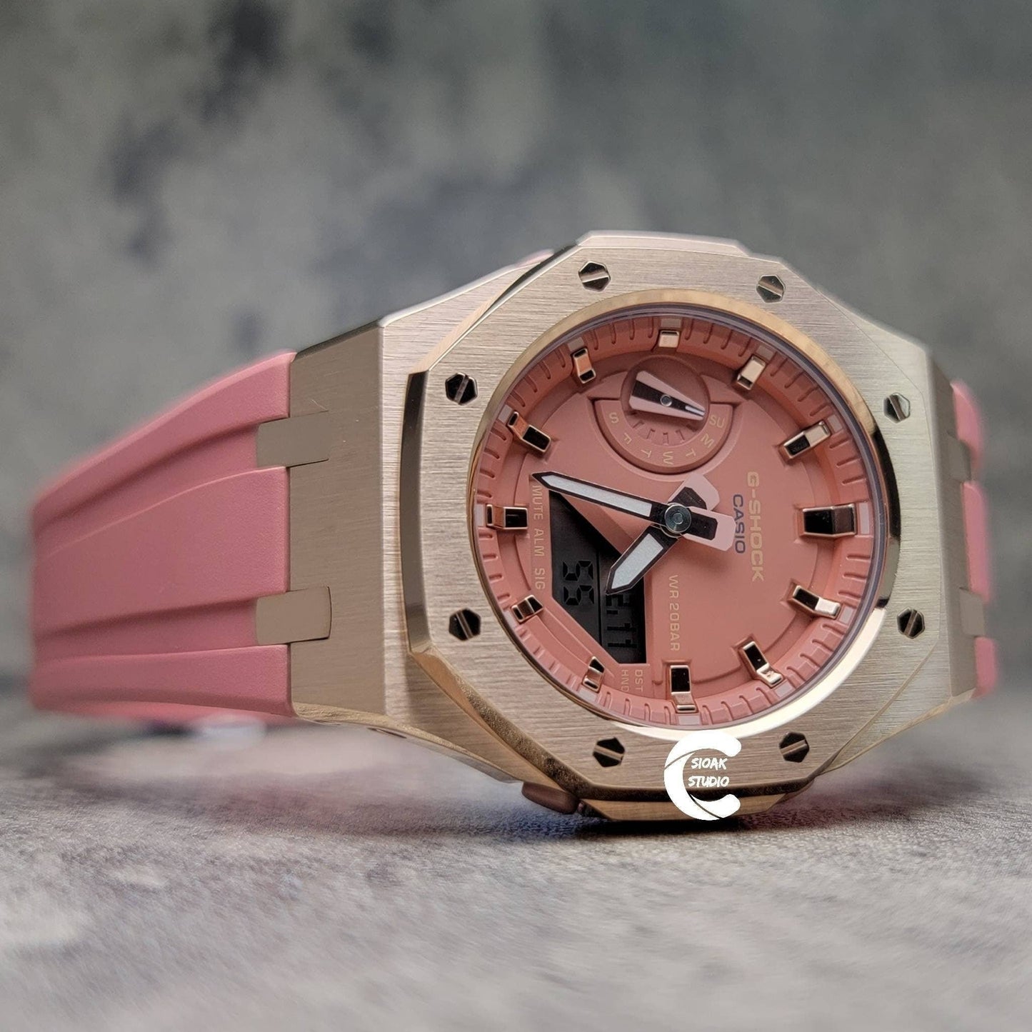 Casioak Mod Watch Rose Gold Case Pink Rubber Strap Pink Rose Gold Time Mark Pink Dial 42mm- Casioak Mod Casio G-Shock Royal Oak Custom Mens Luxury Watches Ga2100