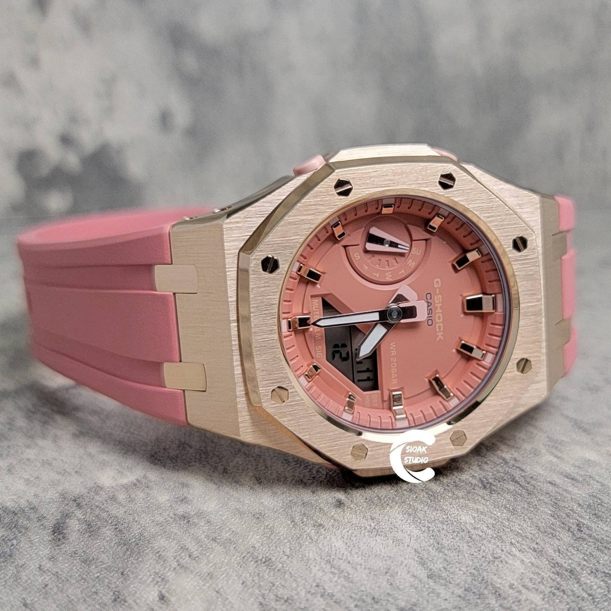 Casioak Mod Watch Rose Gold Case Pink Rubber Strap Pink Rose Gold Time Mark Pink Dial 42mm- Casioak Mod Casio G-Shock Royal Oak Custom Mens Luxury Watches Ga2100