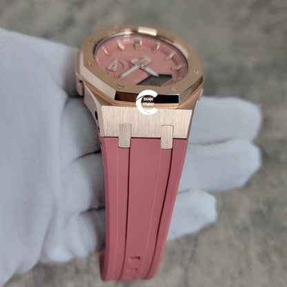 Casioak Mod Watch Rose Gold Case Pink Rubber Strap Pink Rose Gold Time Mark Pink Dial 42mm- Casioak Mod Casio G-Shock Royal Oak Custom Mens Luxury Watches Ga2100