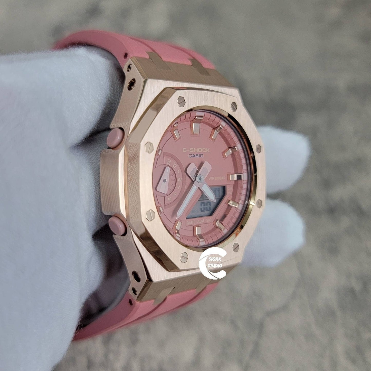 Casioak Mod Watch Rose Gold Case Pink Rubber Strap Pink Rose Gold Time Mark Pink Dial 42mm- Casioak Mod Casio G-Shock Royal Oak Custom Mens Luxury Watches Ga2100