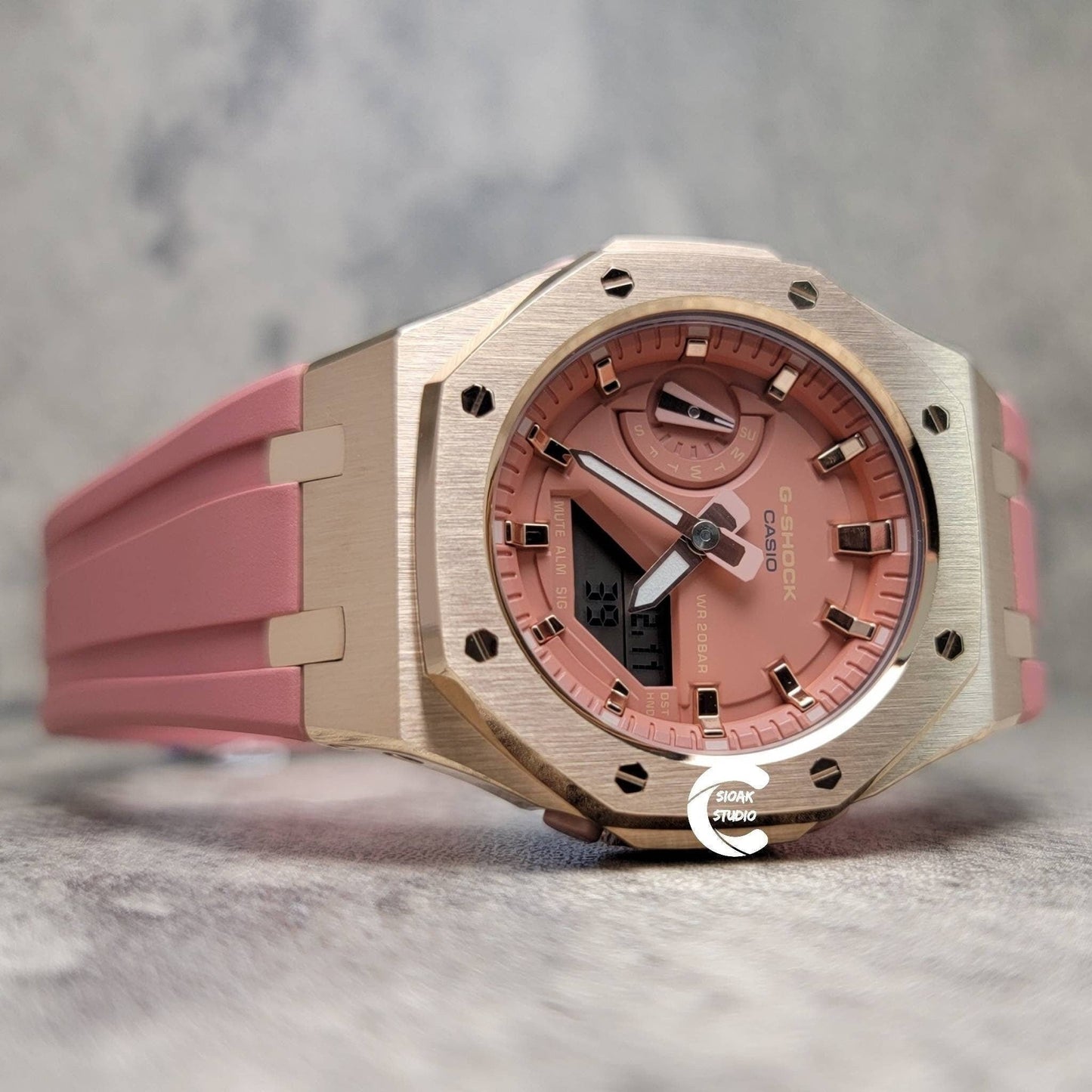 Casioak Mod Watch Rose Gold Case Pink Rubber Strap Pink Rose Gold Time Mark Pink Dial 42mm- Casioak Mod Casio G-Shock Royal Oak Custom Mens Luxury Watches Ga2100