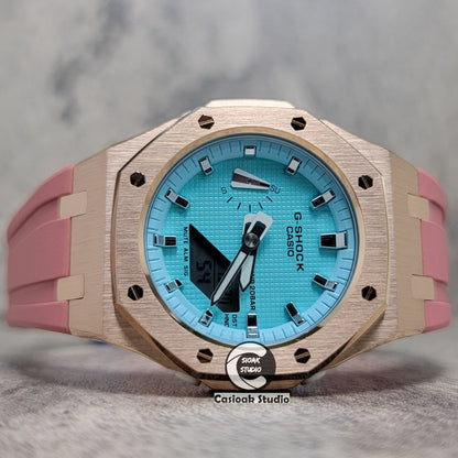 Casioak Mod Watch Rose Gold Case Pink Rubber Strap Tiff Blue Silver Time Mark Tiff Blue Dial 42mm- Casioak Mod Casio G-Shock Royal Oak Custom Mens Luxury Watches Ga2100