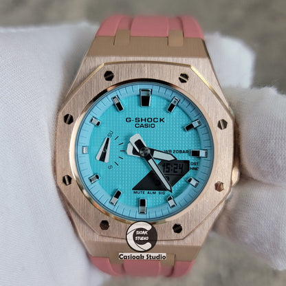 Casioak Mod Watch Rose Gold Case Pink Rubber Strap Tiff Blue Silver Time Mark Tiff Blue Dial 42mm- Casioak Mod Casio G-Shock Royal Oak Custom Mens Luxury Watches Ga2100