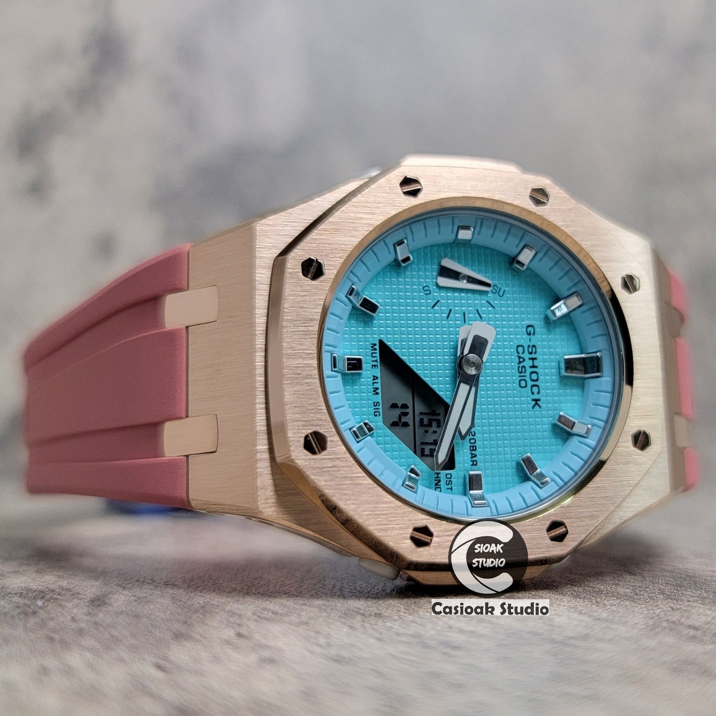 Casioak Mod Watch Rose Gold Case Pink Rubber Strap Tiff Blue Silver Time Mark Tiff Blue Dial 42mm- Casioak Mod Casio G-Shock Royal Oak Custom Mens Luxury Watches Ga2100