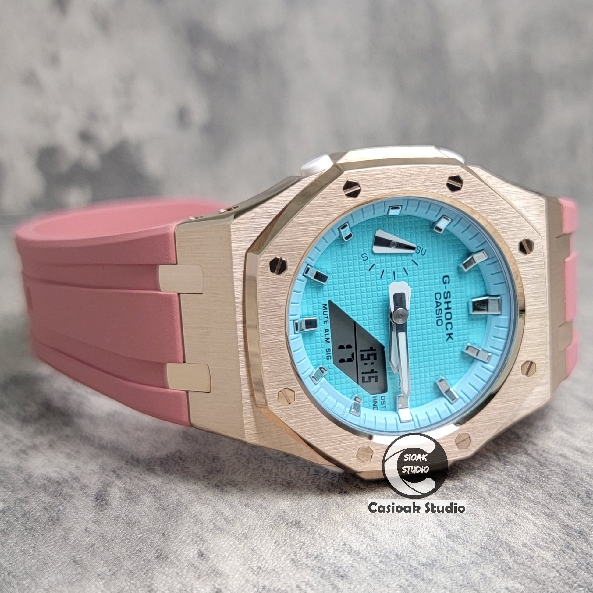 Casioak Mod Watch Rose Gold Case Pink Rubber Strap Tiff Blue Silver Time Mark Tiff Blue Dial 42mm- Casioak Mod Casio G-Shock Royal Oak Custom Mens Luxury Watches Ga2100