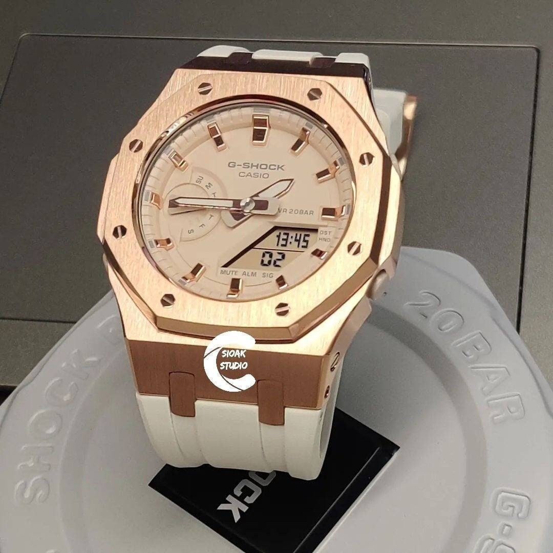 Casioak Mod Watch Rose Gold Case White Rubber Strap Beige Rose Gold Time Mark Beige Dial 42mm- Casioak Mod Casio G-Shock Royal Oak Custom Mens Luxury Watches Ga2100