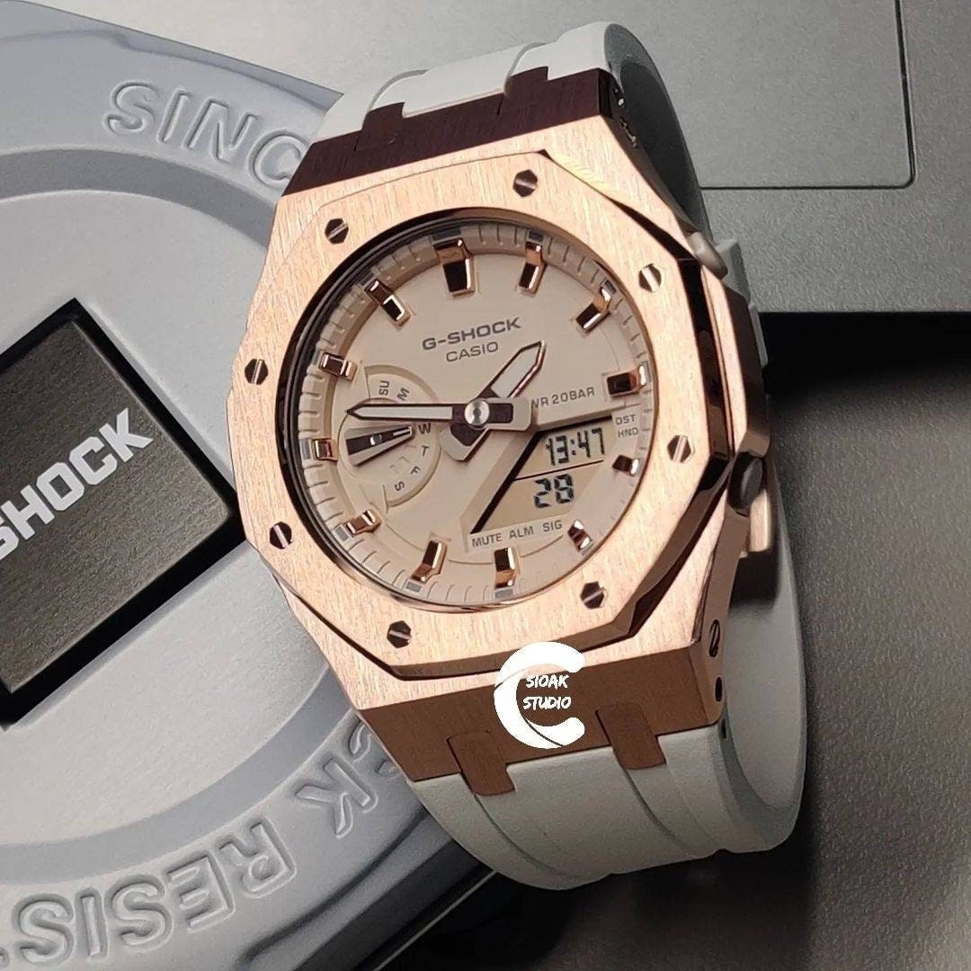 Casioak Mod Watch Rose Gold Case White Rubber Strap Beige Rose Gold Time Mark Beige Dial 42mm- Casioak Mod Casio G-Shock Royal Oak Custom Mens Luxury Watches Ga2100