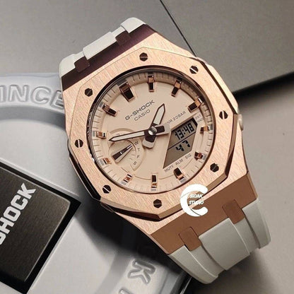 Casioak Mod Watch Rose Gold Case White Rubber Strap Beige Rose Gold Time Mark Beige Dial 42mm- Casioak Mod Casio G-Shock Royal Oak Custom Mens Luxury Watches Ga2100