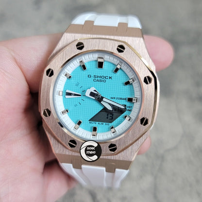 Casioak Mod Watch Rose Gold Case White Rubber Strap White Rose Gold Time Mark Tiff Blue Dial 42mm- Casioak Mod Casio G-Shock Royal Oak Custom Mens Luxury Watches Ga2100