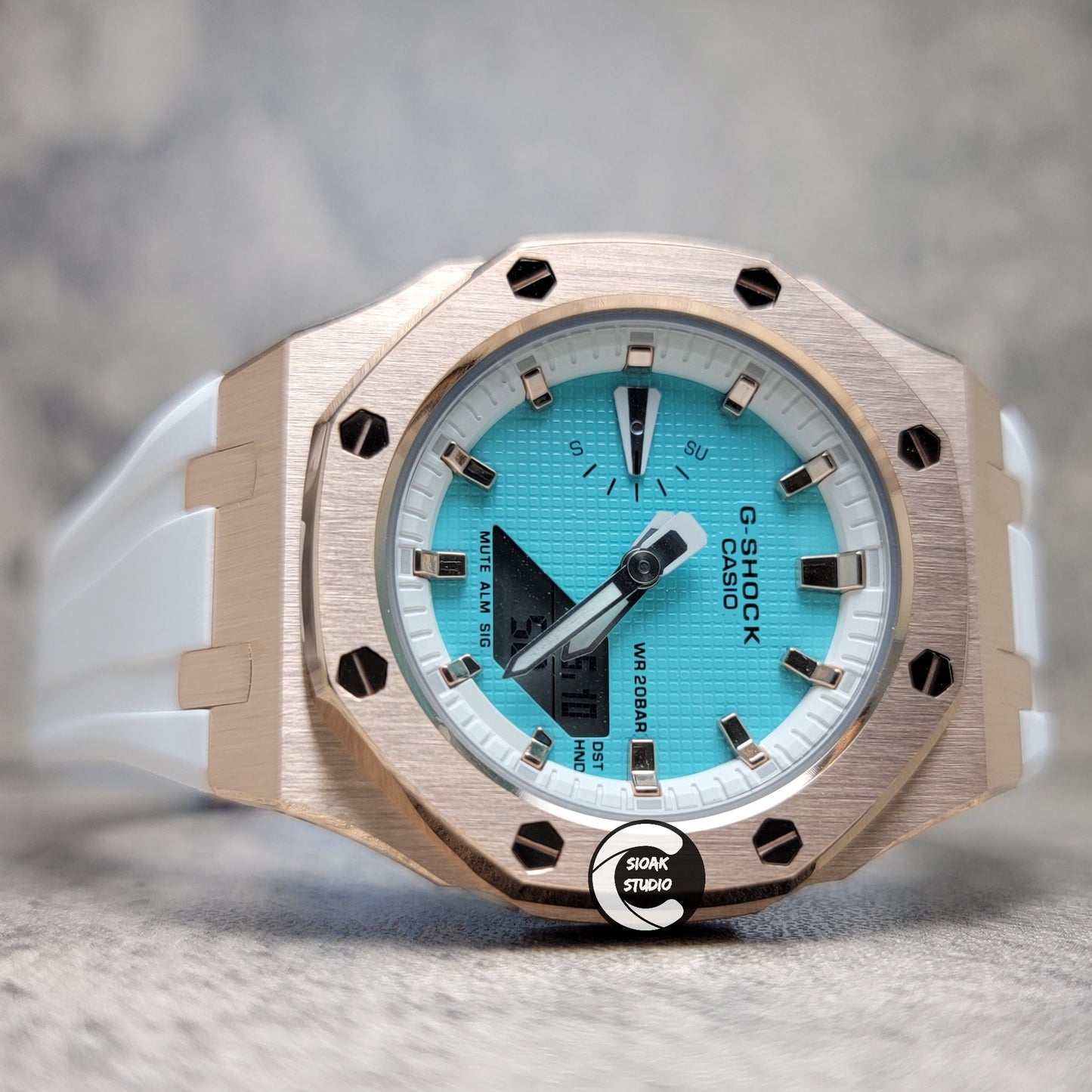 Casioak Mod Watch Rose Gold Case White Rubber Strap White Rose Gold Time Mark Tiff Blue Dial 42mm- Casioak Mod Casio G-Shock Royal Oak Custom Mens Luxury Watches Ga2100