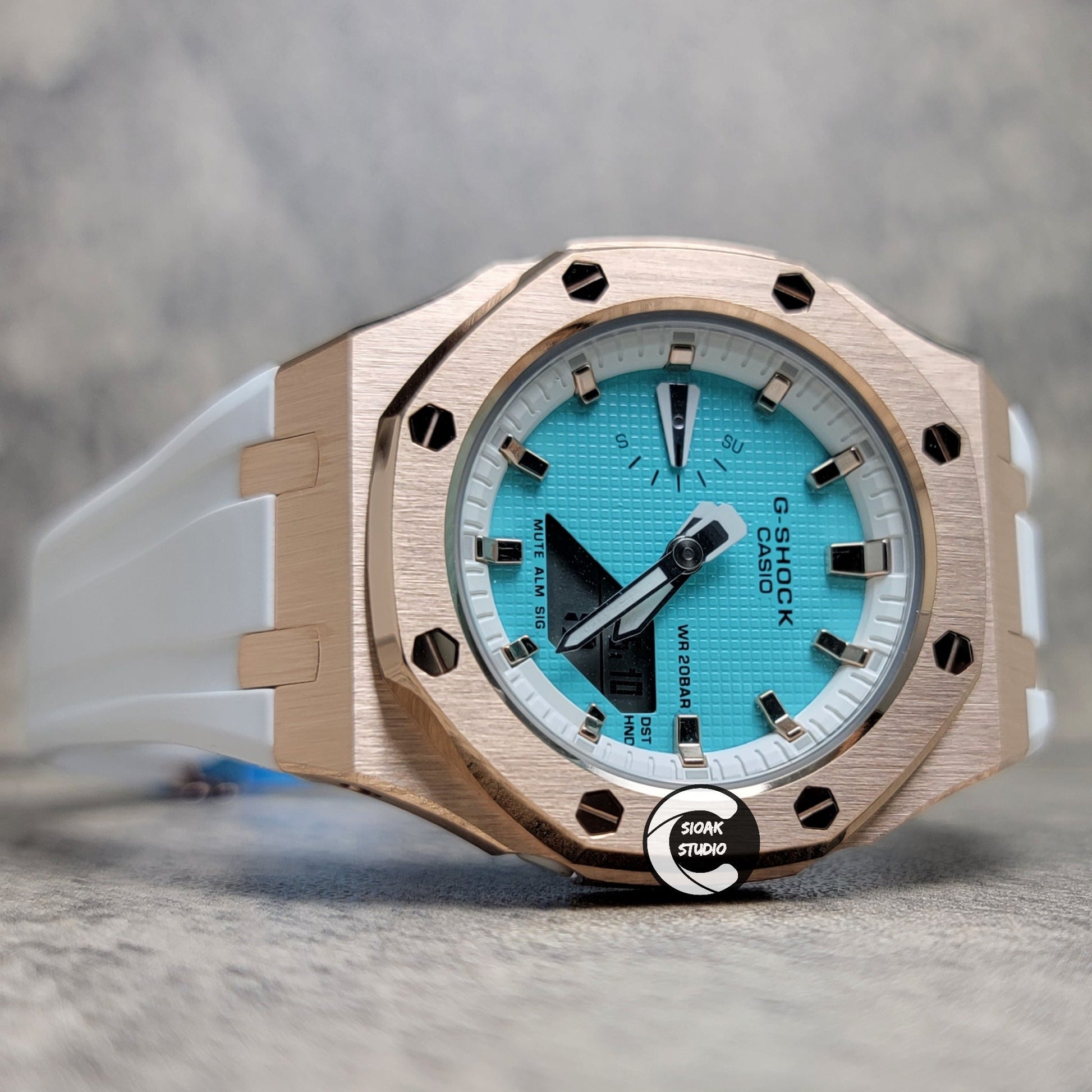 Casioak Mod Watch Rose Gold Case White Rubber Strap White Rose Gold Time Mark Tiff Blue Dial 42mm- Casioak Mod Casio G-Shock Royal Oak Custom Mens Luxury Watches Ga2100