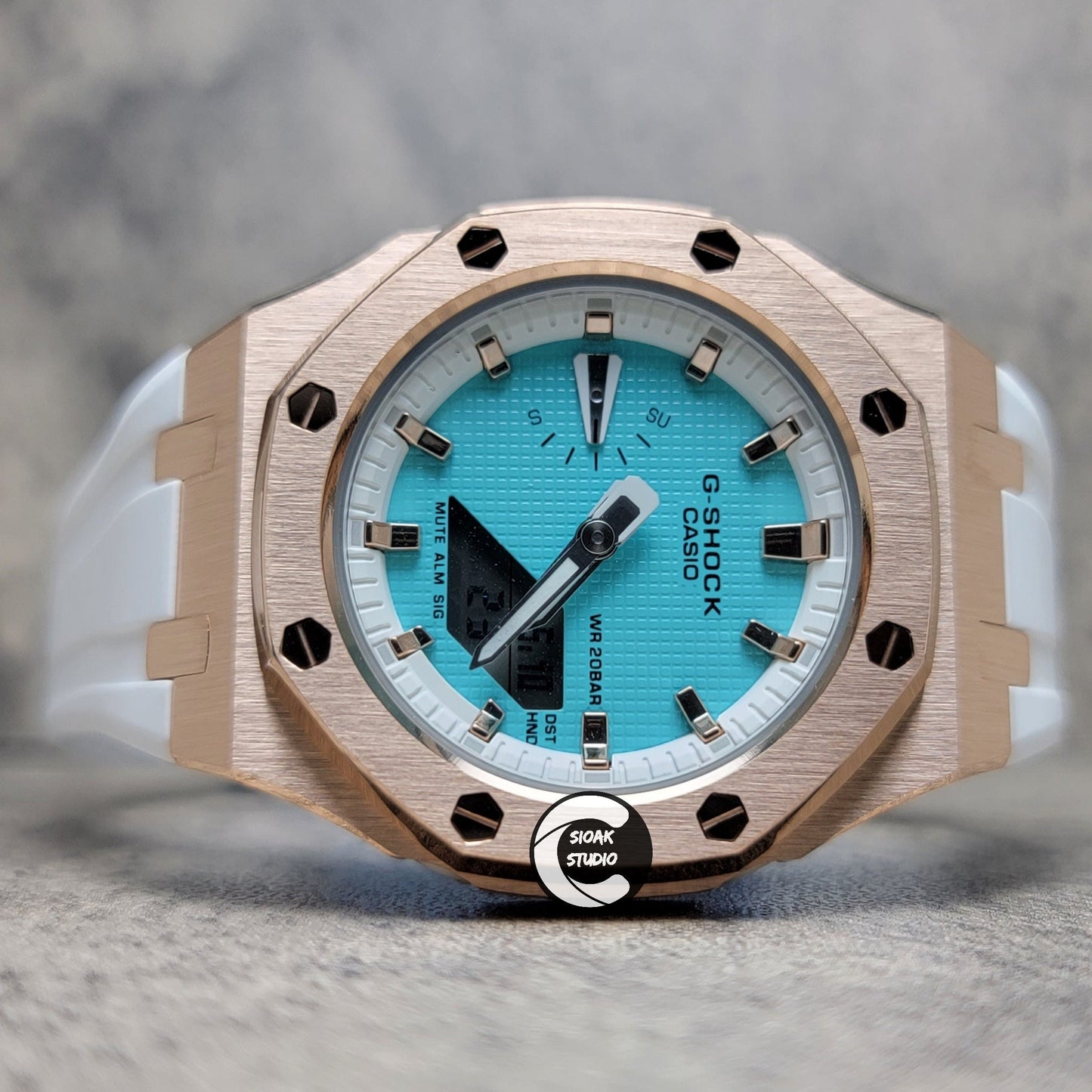 Casioak Mod Watch Rose Gold Case White Rubber Strap White Rose Gold Time Mark Tiff Blue Dial 42mm- Casioak Mod Casio G-Shock Royal Oak Custom Mens Luxury Watches Ga2100