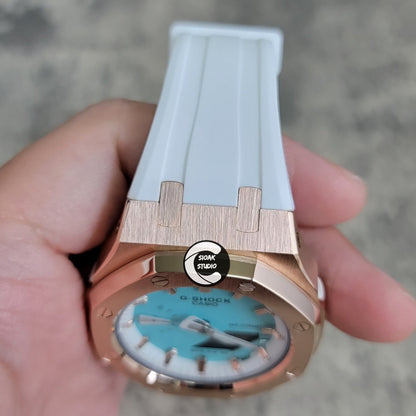 Casioak Mod Watch Rose Gold Case White Rubber Strap White Rose Gold Time Mark Tiff Blue Dial 42mm- Casioak Mod Casio G-Shock Royal Oak Custom Mens Luxury Watches Ga2100