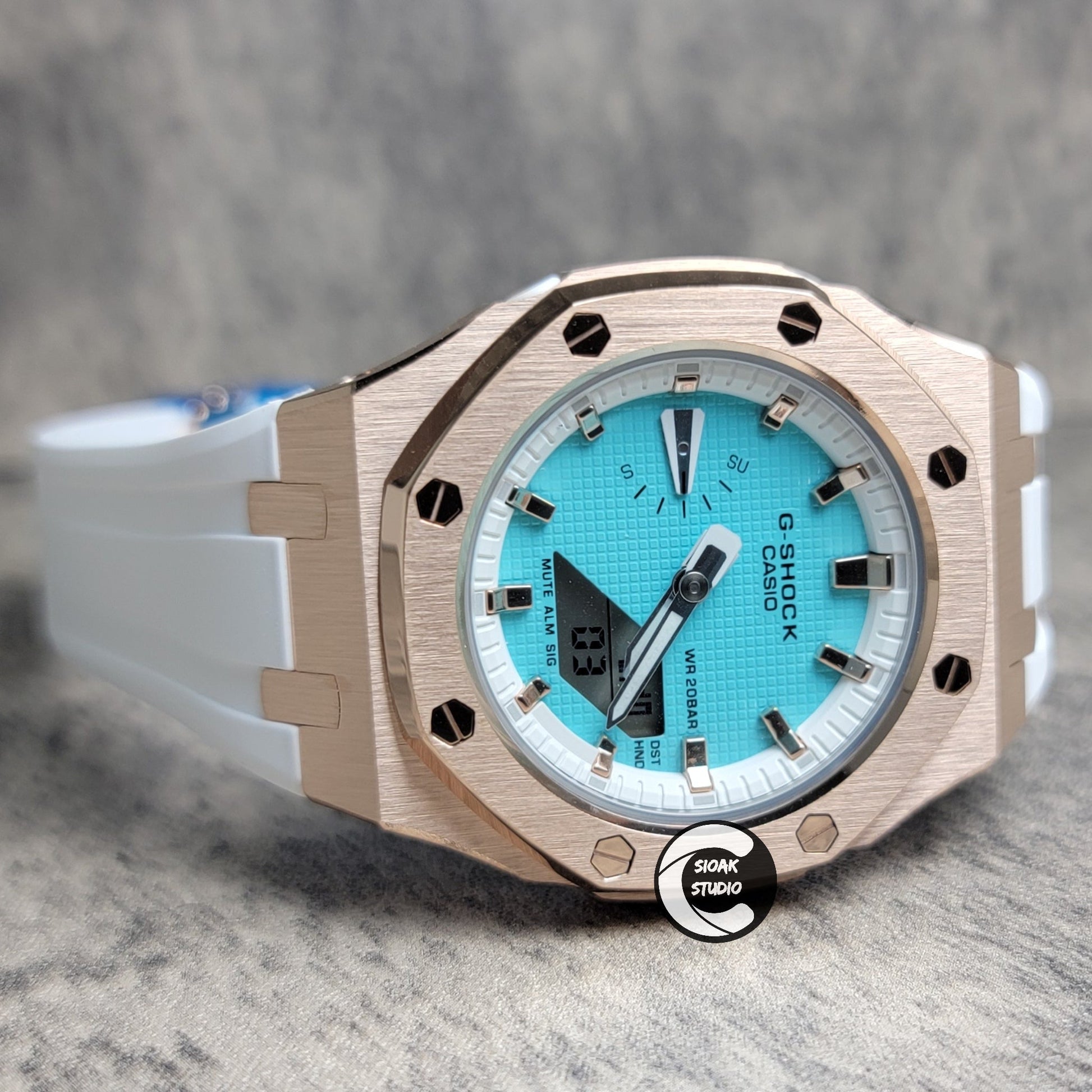 Casioak Mod Watch Rose Gold Case White Rubber Strap White Rose Gold Time Mark Tiff Blue Dial 42mm- Casioak Mod Casio G-Shock Royal Oak Custom Mens Luxury Watches Ga2100