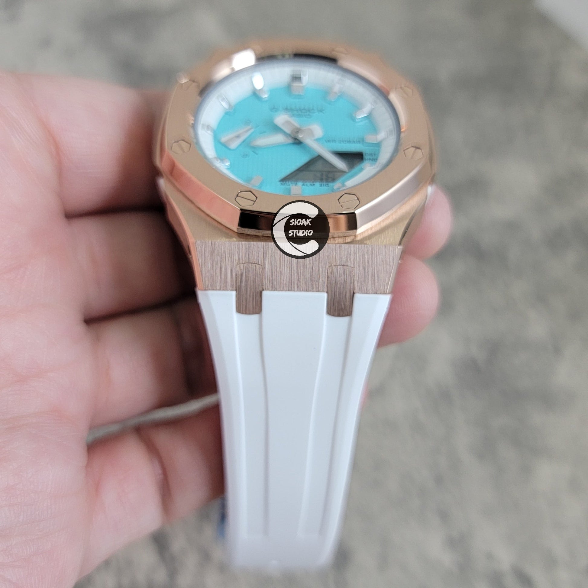 Casioak Mod Watch Rose Gold Case White Rubber Strap White Silver Time Mark Tiff Blue Dial 42mm- Casioak Mod Casio G-Shock Royal Oak Custom Mens Luxury Watches Ga2100