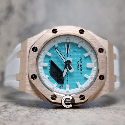 Casioak Mod Watch Rose Gold Case White Rubber Strap White Time Mark Tiff Blue Dial 42mm- Casioak Mod Casio G-Shock Royal Oak Custom Mens Luxury Watches Ga2100