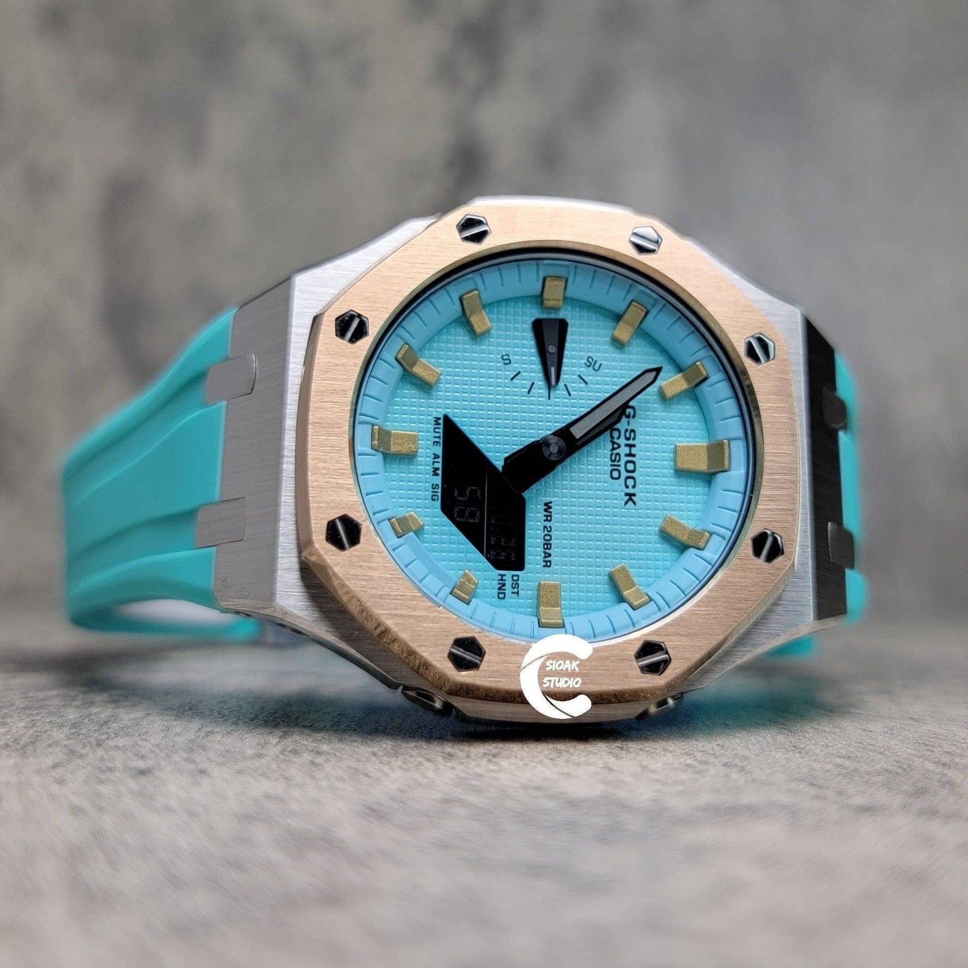 Casioak Mod Watch Rose Gold Silver Case Tiff Blue Rubber Strap Tiff Blue Gold Time Mark Tiff Blue Dial 44mm- Casioak Mod Casio G-Shock Royal Oak Custom Mens Luxury Watches Ga2100