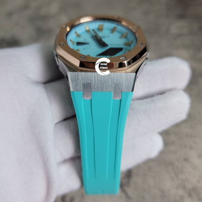 Casioak Mod Watch Rose Gold Silver Case Tiff Blue Rubber Strap Tiff Blue Gold Time Mark Tiff Blue Dial 44mm- Casioak Mod Casio G-Shock Royal Oak Custom Mens Luxury Watches Ga2100