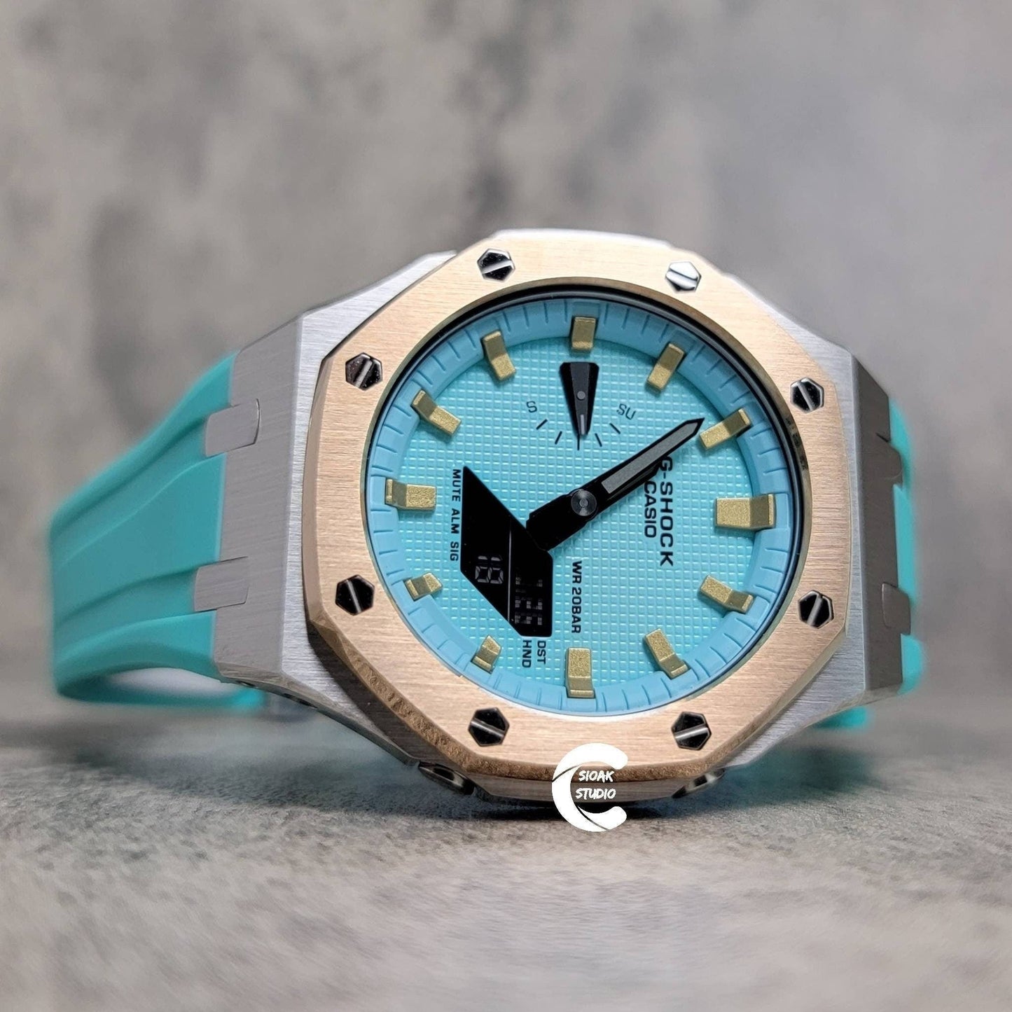 Casioak Mod Watch Rose Gold Silver Case Tiff Blue Rubber Strap Tiff Blue Gold Time Mark Tiff Blue Dial 44mm- Casioak Mod Casio G-Shock Royal Oak Custom Mens Luxury Watches Ga2100