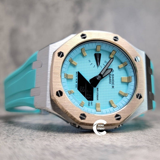 Casioak Mod Watch Rose Gold Silver Case Tiff Blue Rubber Strap Tiff Blue Gold Time Mark Tiff Blue Dial 44mm- Casioak Mod Casio G-Shock Royal Oak Custom Mens Luxury Watches Ga2100