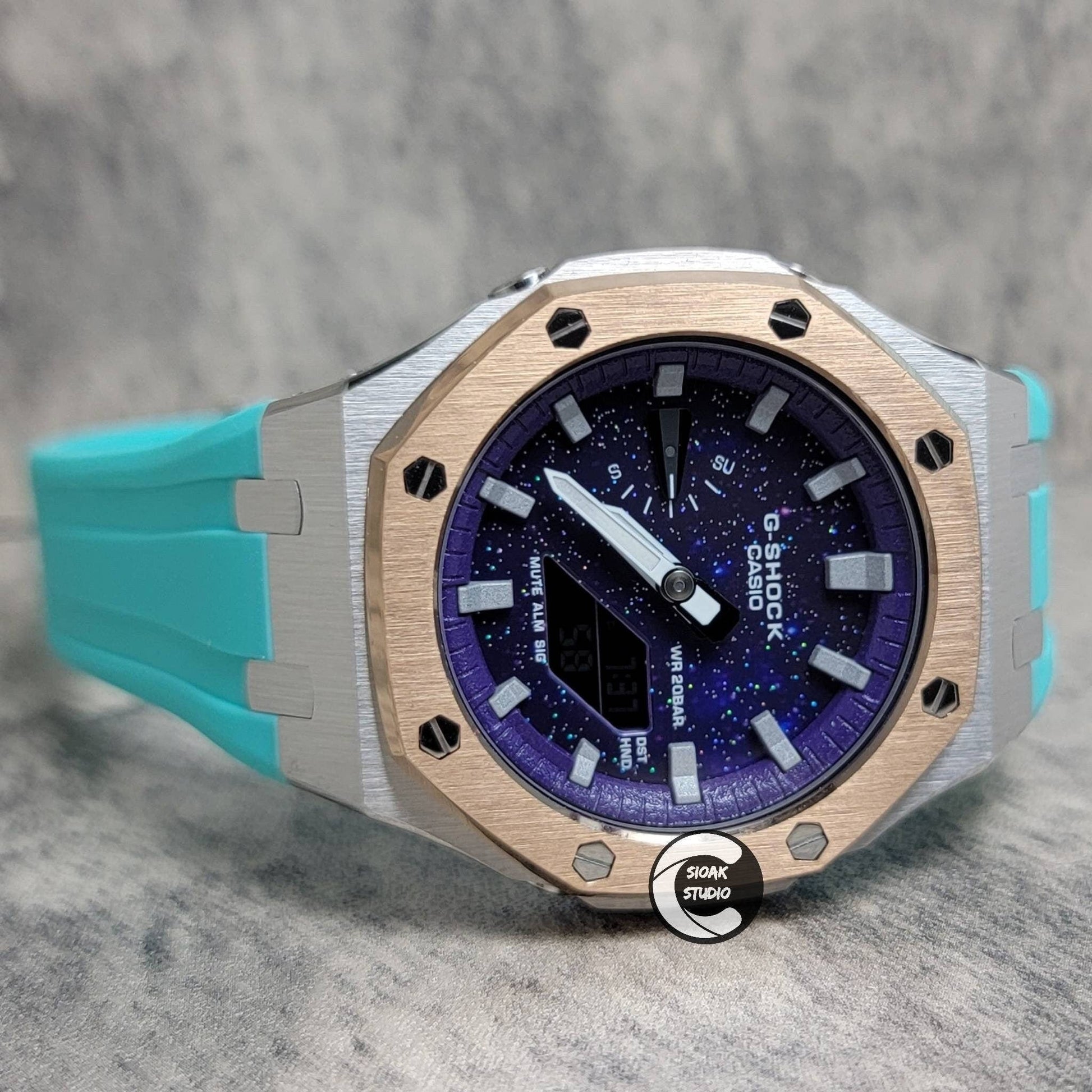 Casioak Mod Watch Rose Gold Silver Case Tiff Rubber Strap Purple Silver Time Mark Purple Dial 44mm- Casioak Mod Casio G-Shock Royal Oak Custom Mens Luxury Watches Ga2100