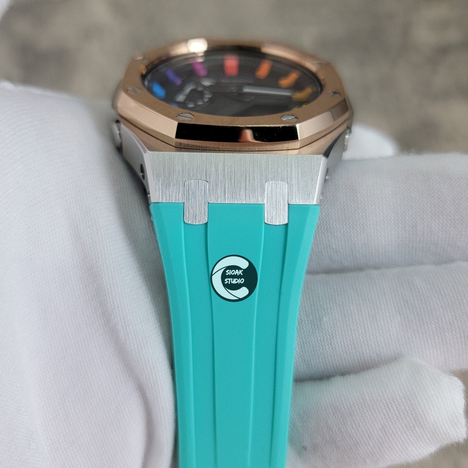 Casioak Mod Watch Rose Gold Silver Case Tiff Rubber Strap Rainbow Time Mark Black Dial 44mm- Casioak Mod Casio G-Shock Royal Oak Custom Mens Luxury Watches Ga2100