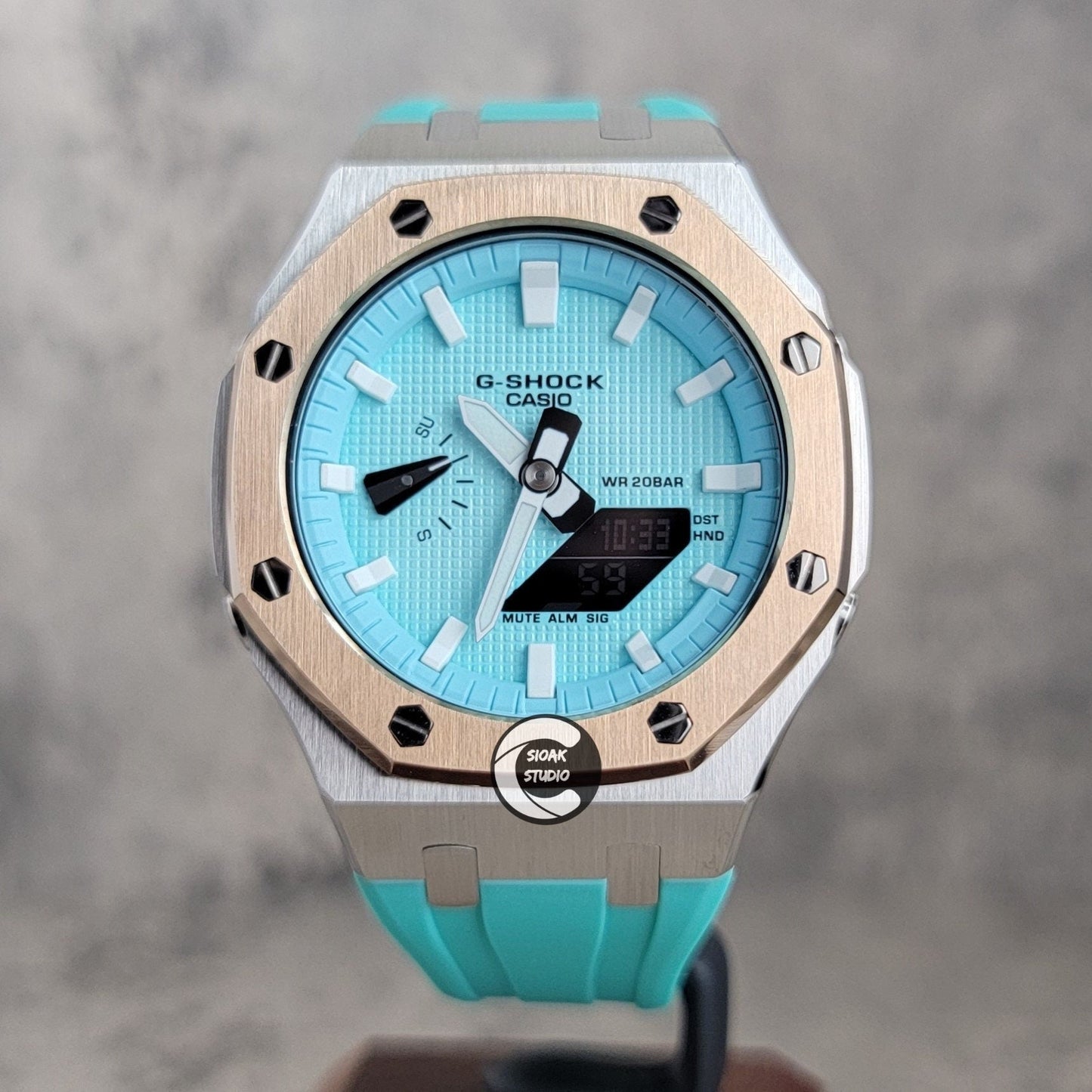 Casioak Mod Watch Rose Gold Silver Case Tiff Rubber Strap Tiff White Time Mark Tiff Blue Dial 44mm- Casioak Mod Casio G-Shock Royal Oak Custom Mens Luxury Watches Ga2100