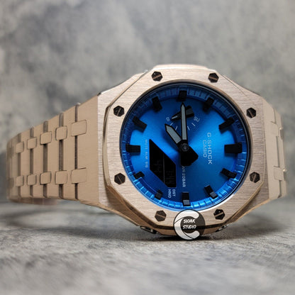 Casioak Mod Watch Rosegold Case Metal Strap Blue Black Time Mark Metallic Blue Dial 44mm- Casioak Mod Casio G-Shock Royal Oak Custom Mens Luxury Watches Ga2100